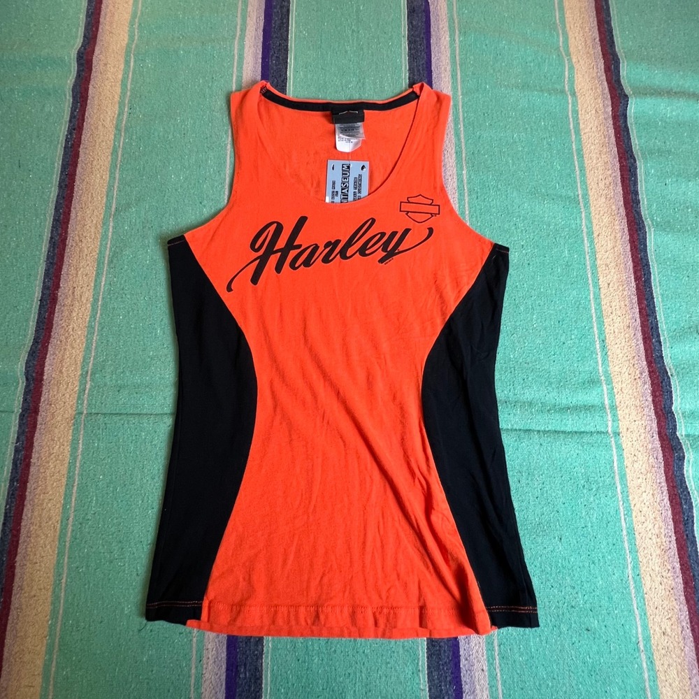 Harley-Davidson Tank Top Womens Medium Orange Black Biker Graphic Made in USA